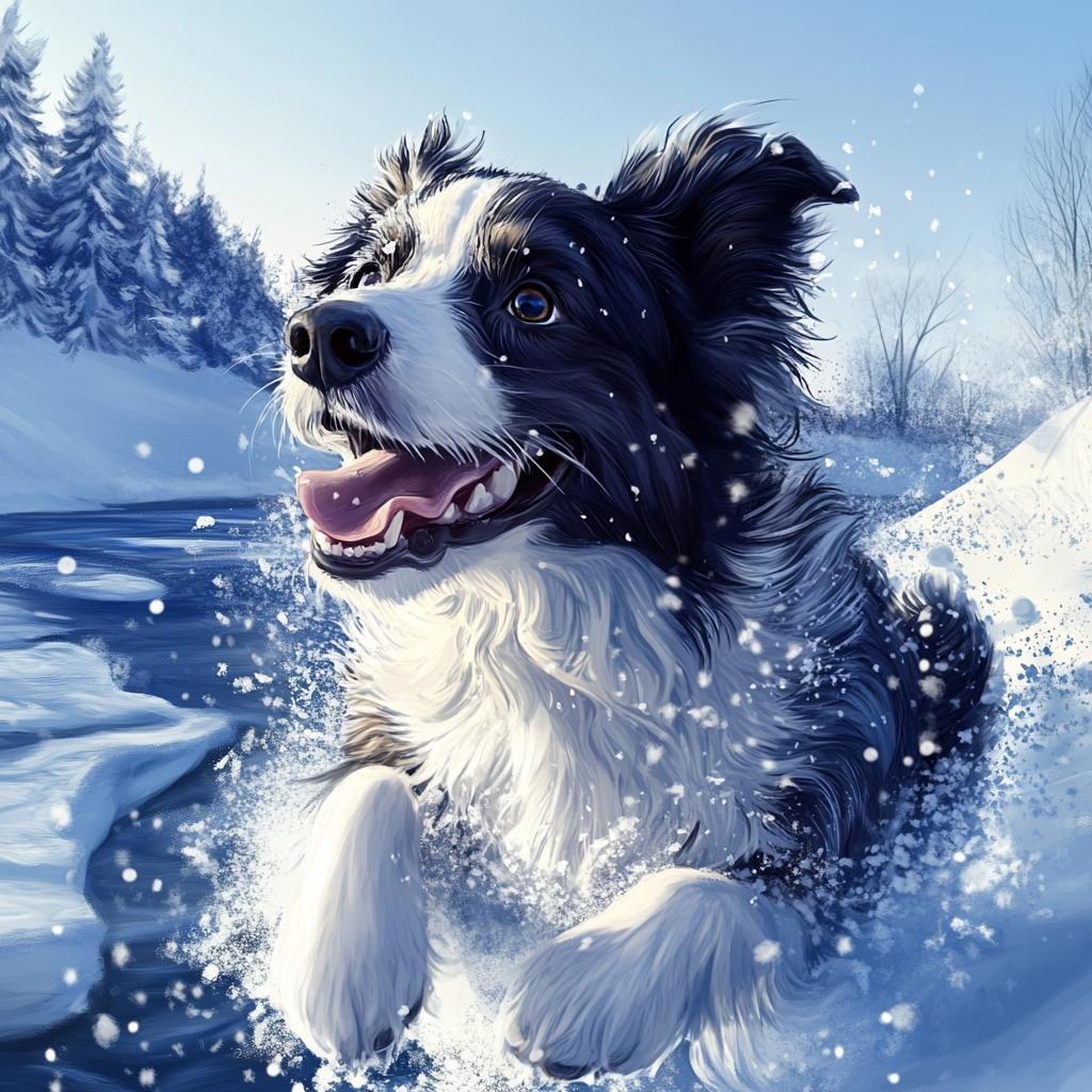 Border Collie Playing in Snow