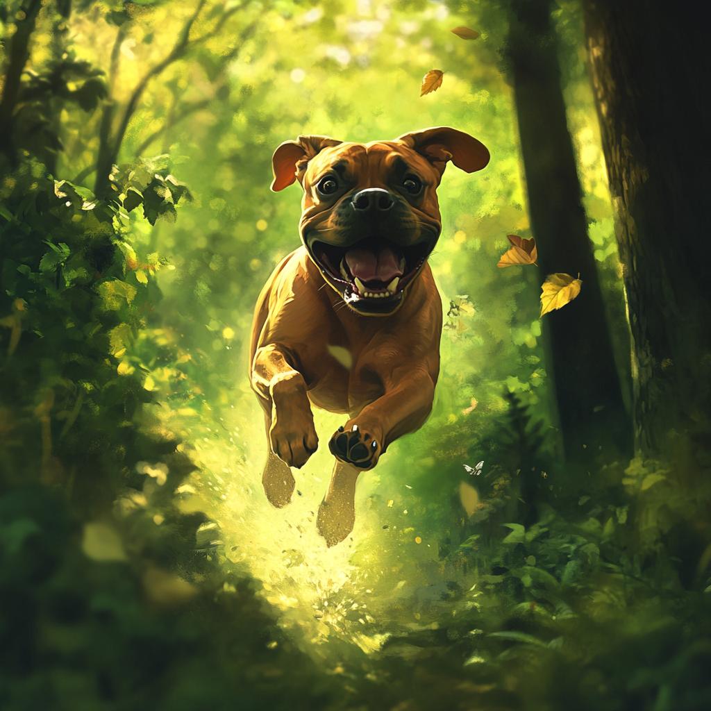Boxer Dog Jumping in Forest