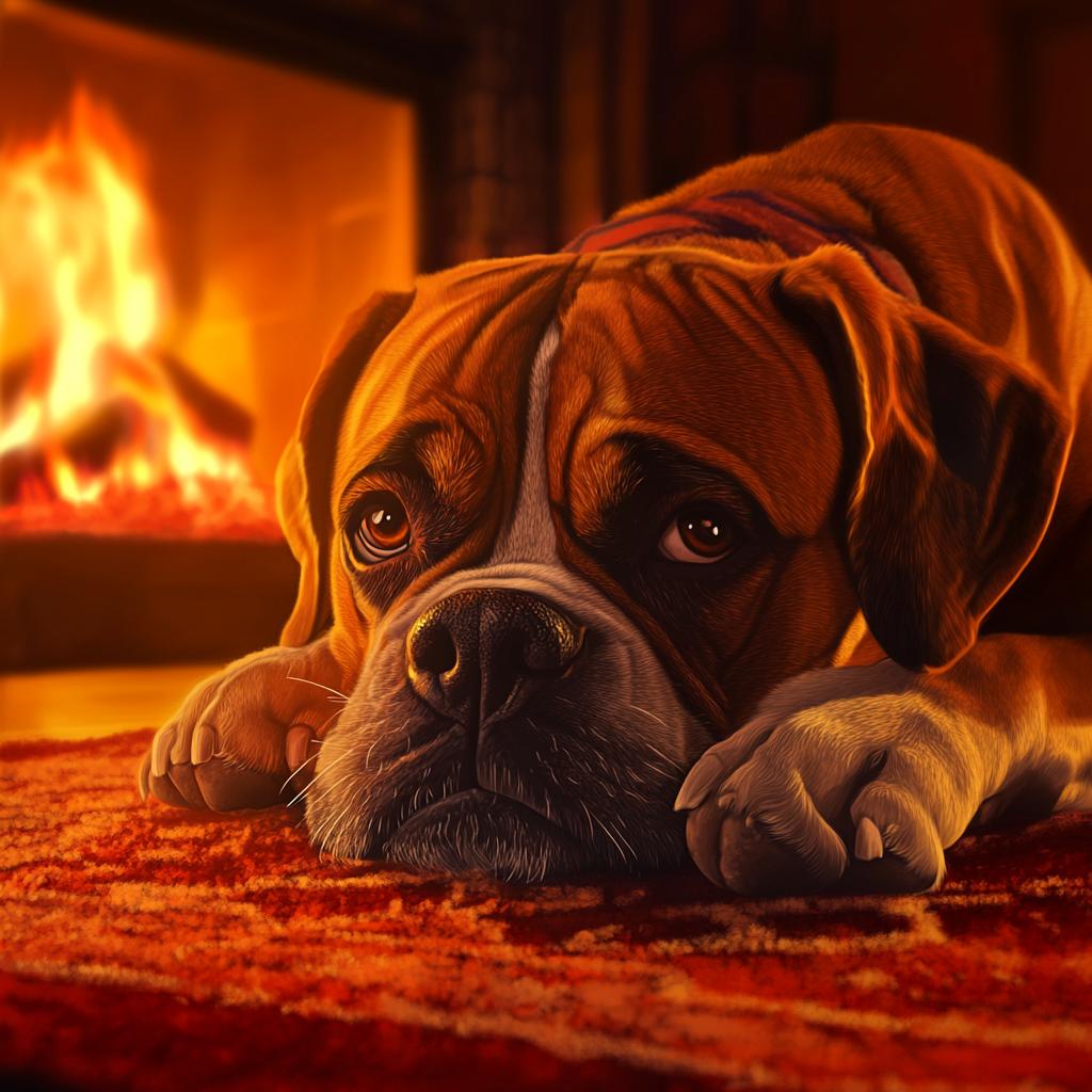 Boxer Dog Resting by Fireplace