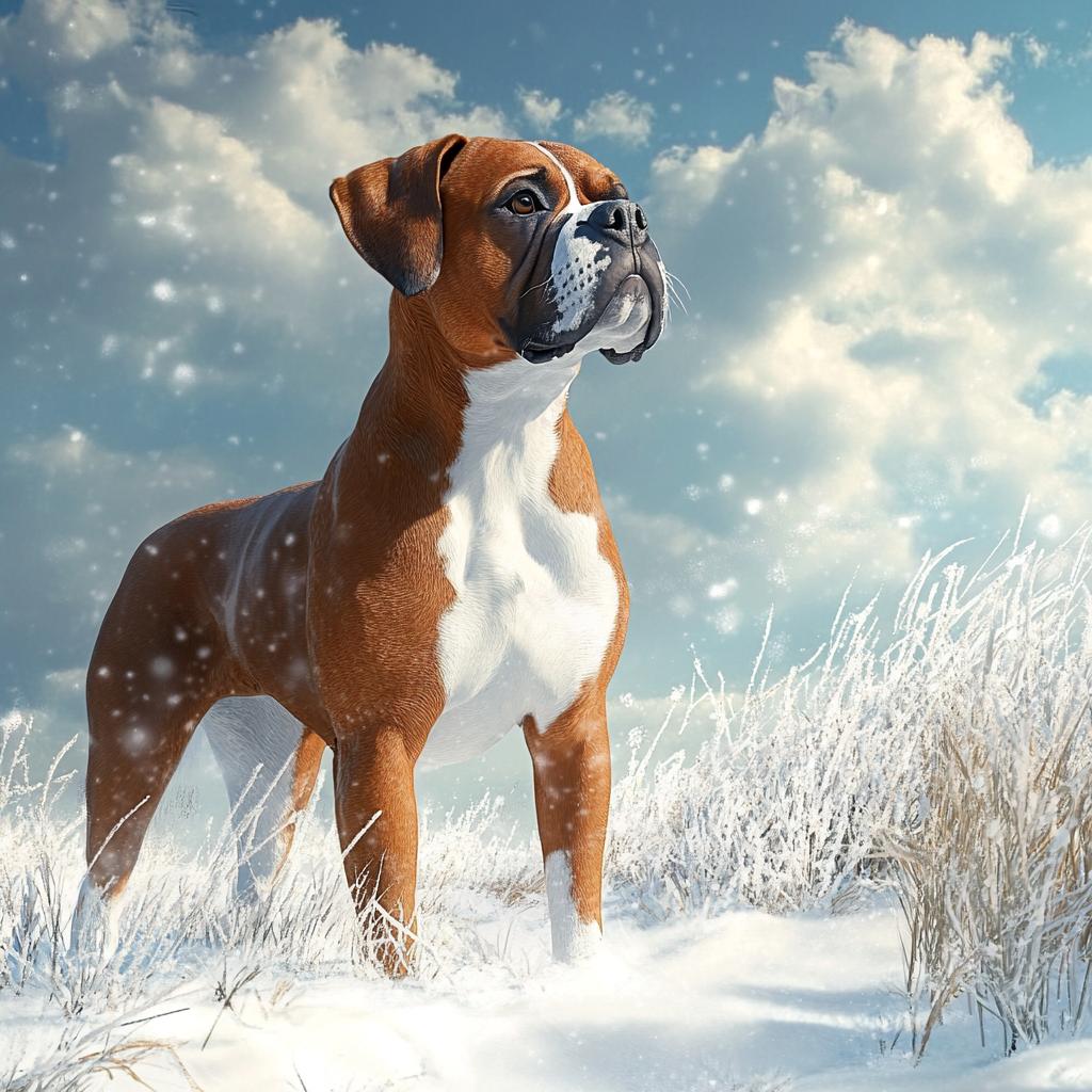 Boxer Dog Standing in Snow