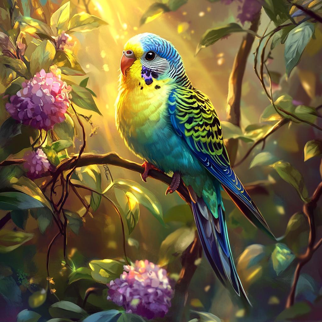 Blue and Yellow Budgerigar with Pink Flowers