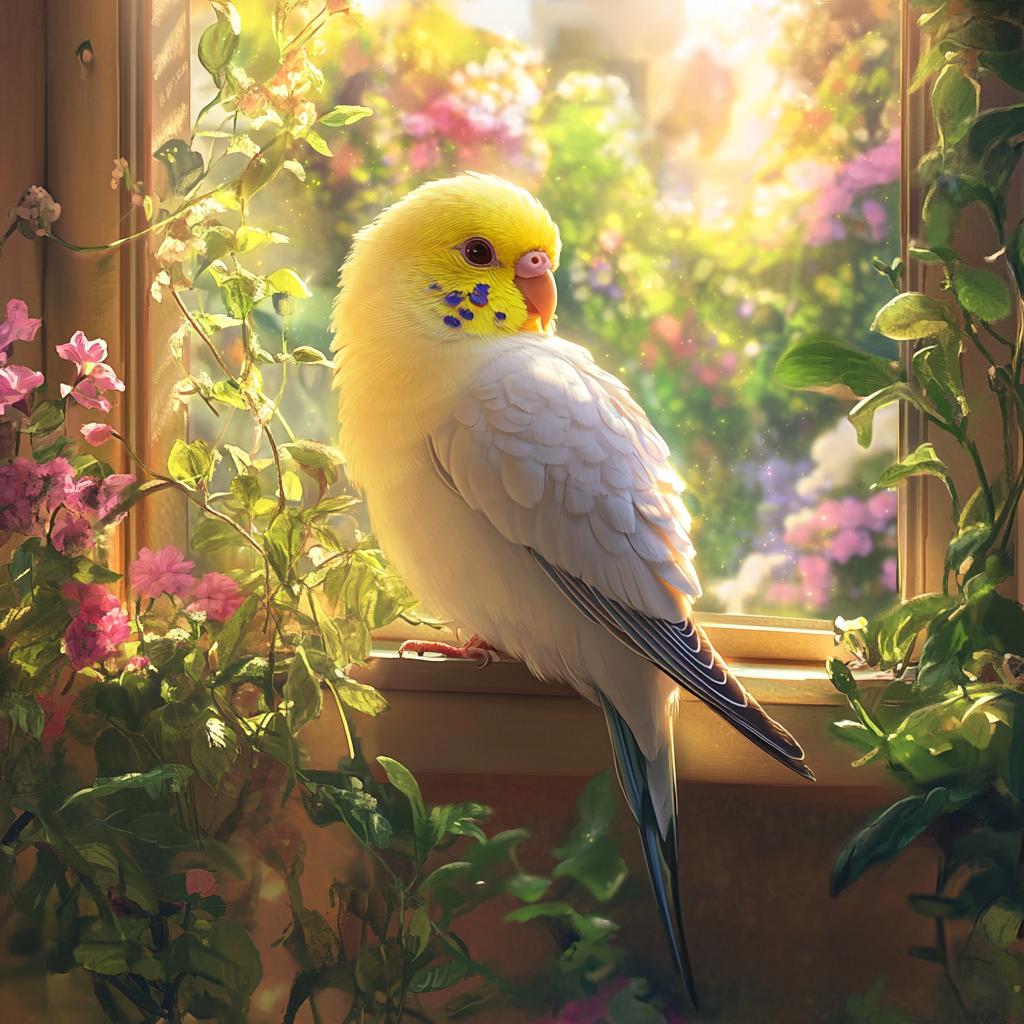 Yellow and White Budgerigar at Window