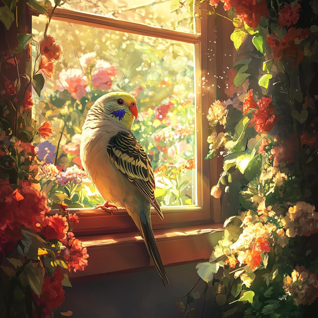 Colorful Budgerigar at Window with Flowers