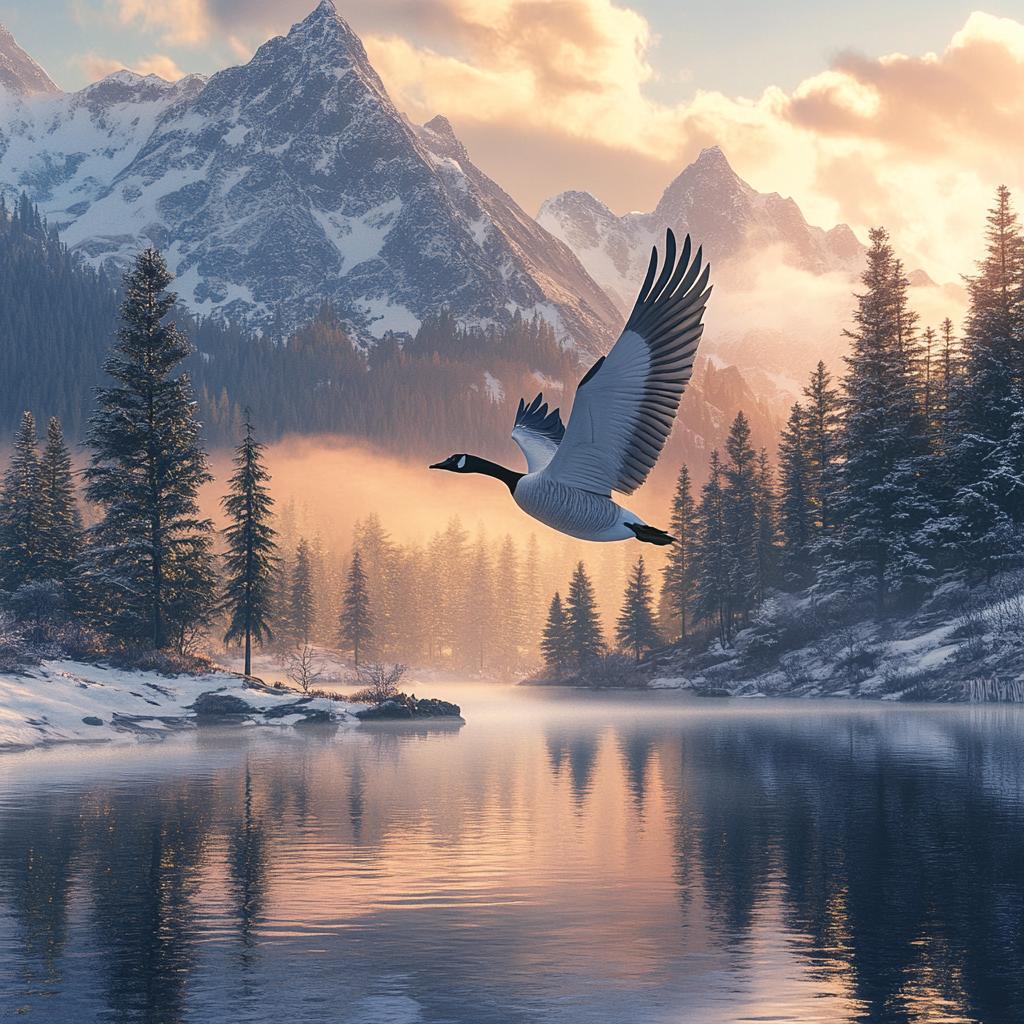 Canada Goose Flying over Misty River