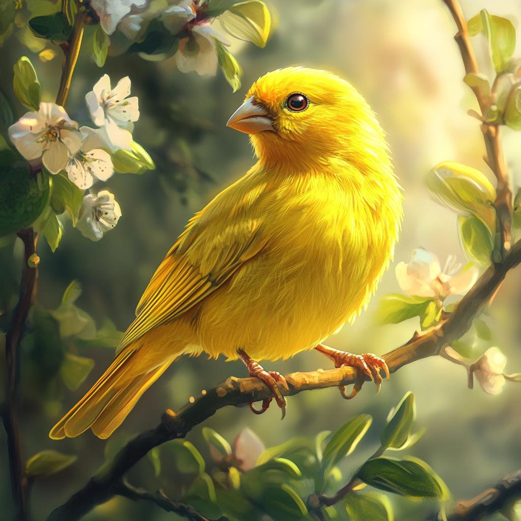 Canary on Branch with White Flowers