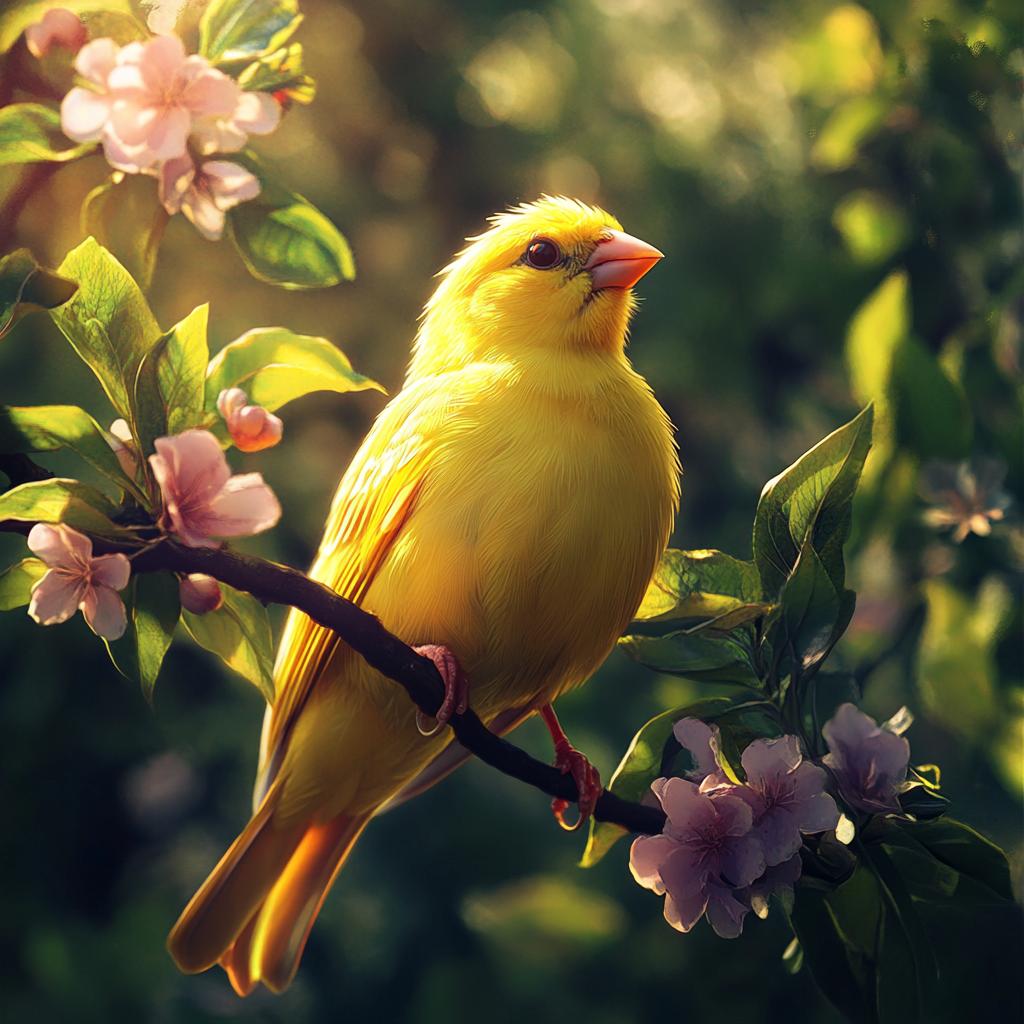Canary on Branch with Pink Blossoms