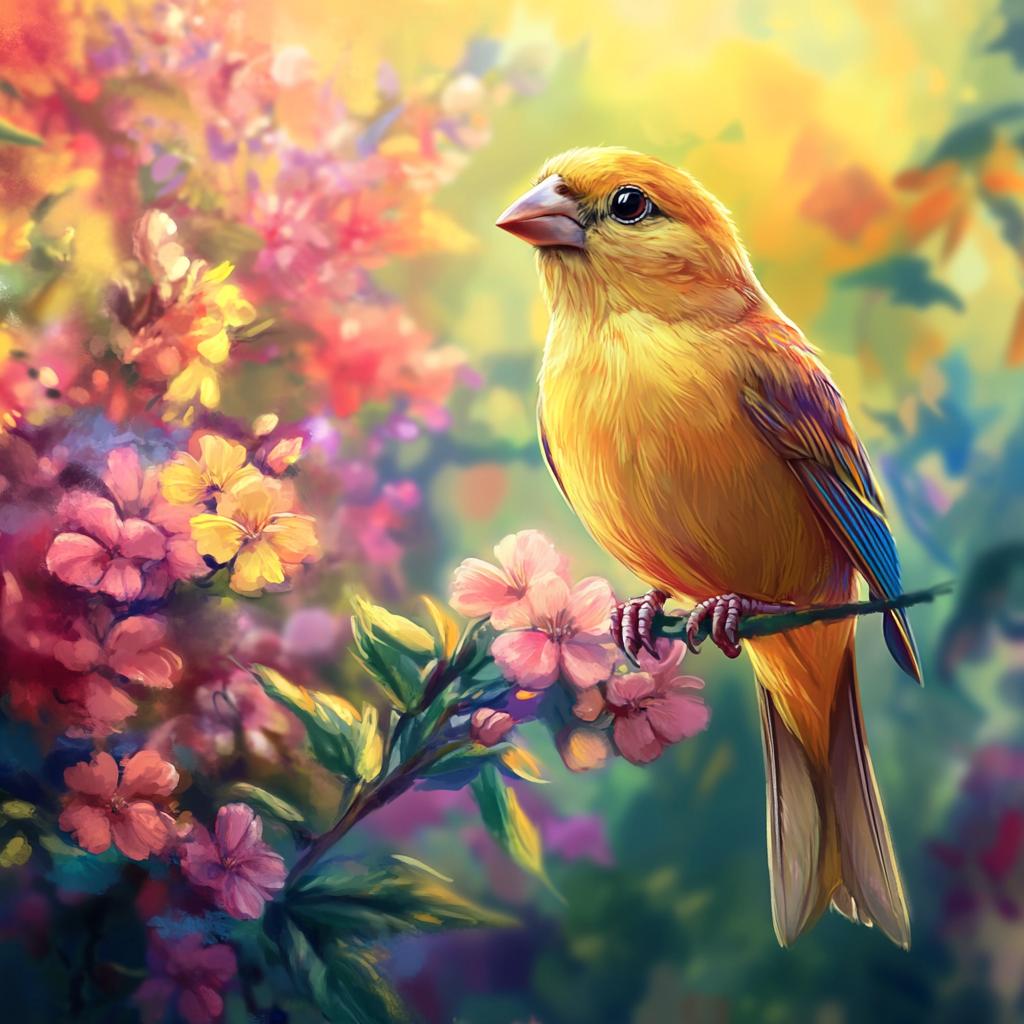Canary on Branch with Colorful Flowers