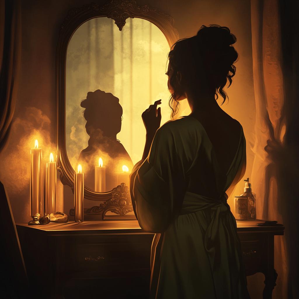 Woman Putting Lipstick in Candlelight Mirror