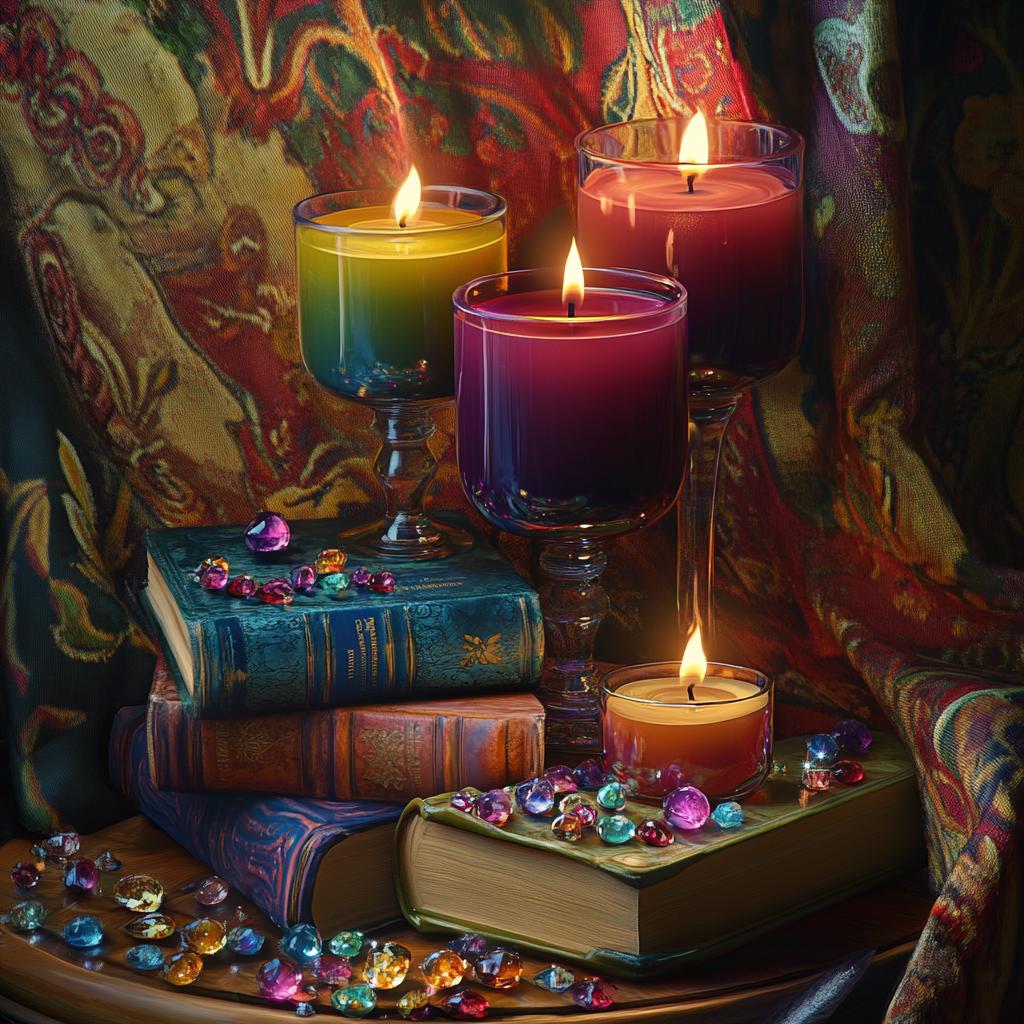 Still Life with Colorful Candles on Books