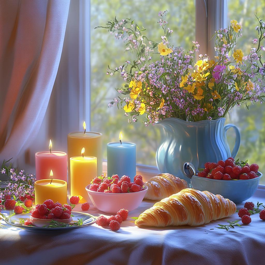 Still Life with Candles, Croissant and Flowers