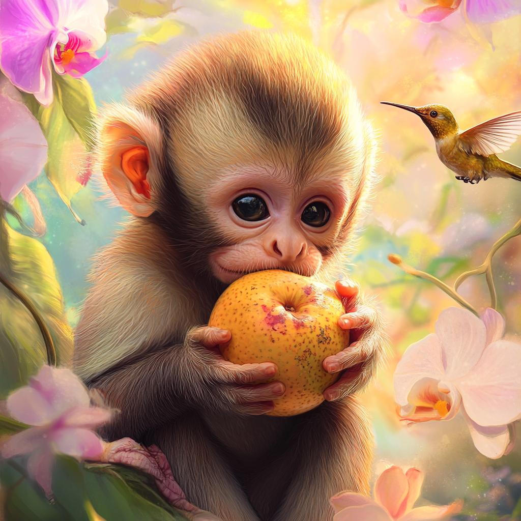 Baby Capuchin Eating Orange with Flowers