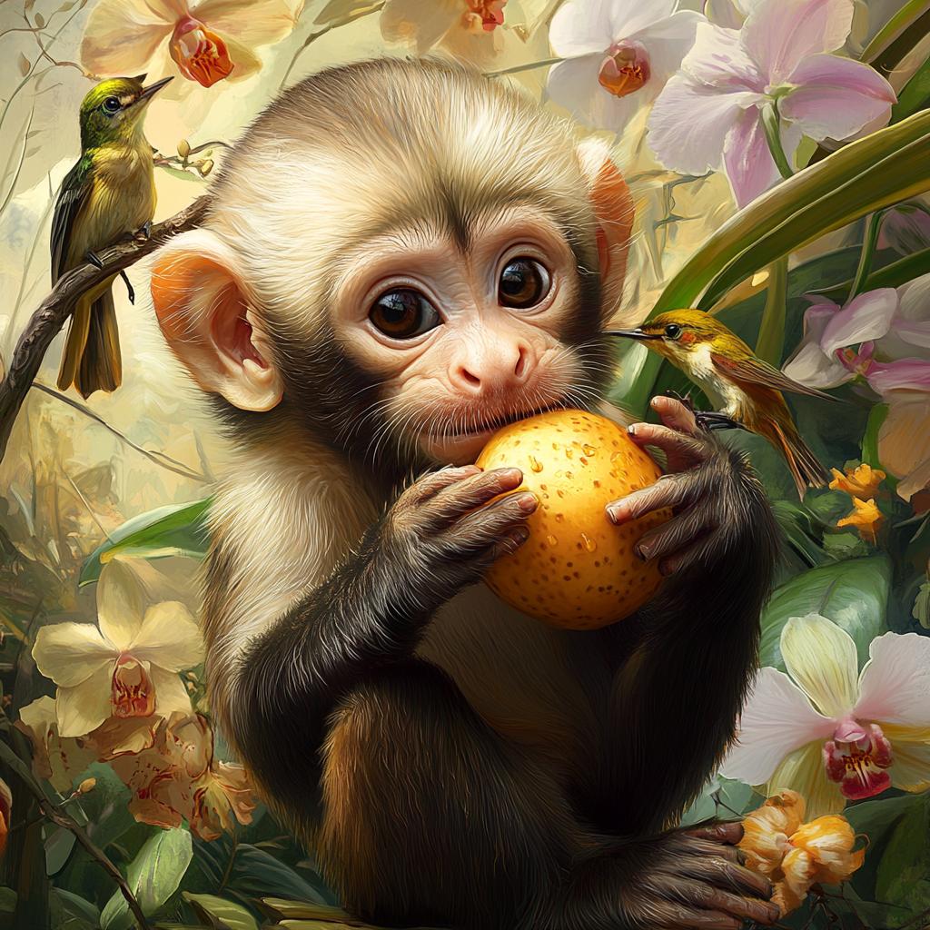 Baby Capuchin Eating Orange Among Leaves