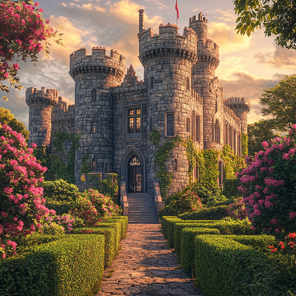 Medieval Castle Garden with Pink Flowers