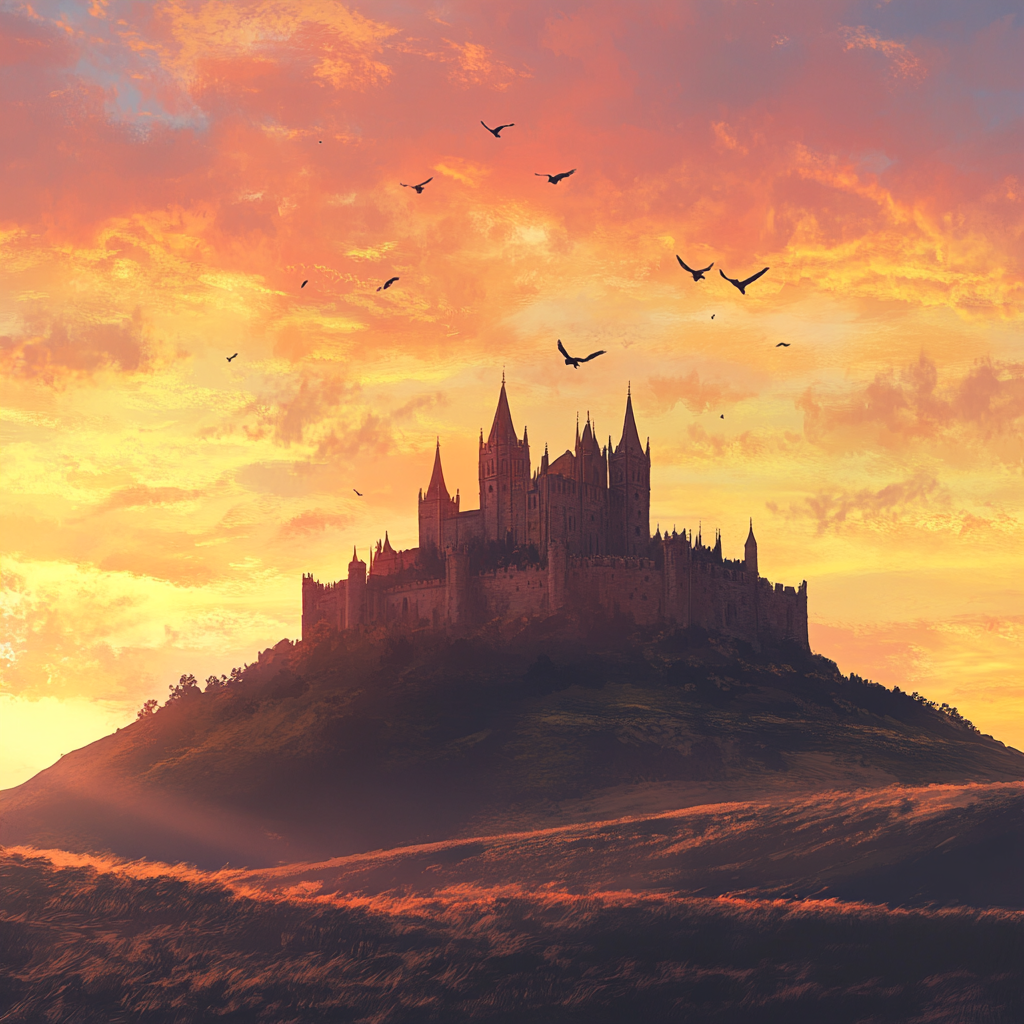 Castle on Mountain at Sunset