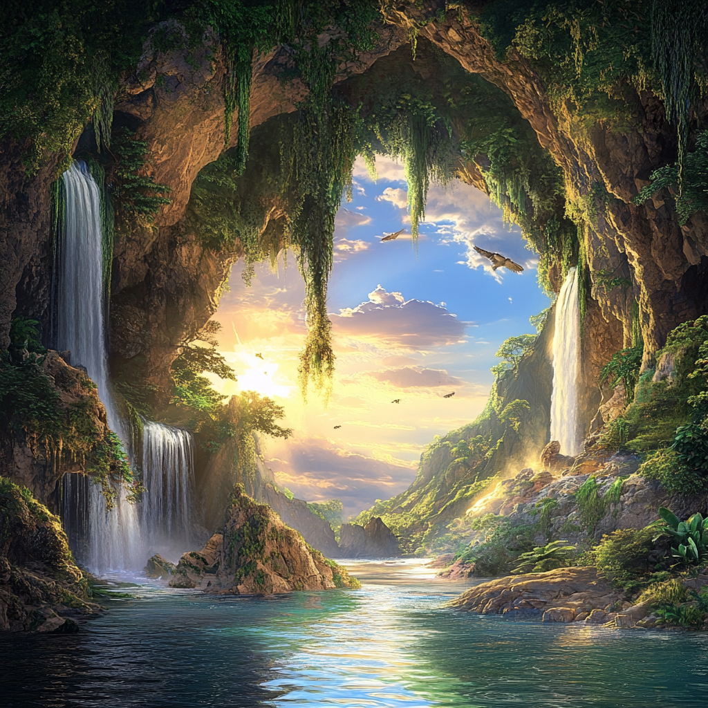 Cave Sunrise with Waterfalls
