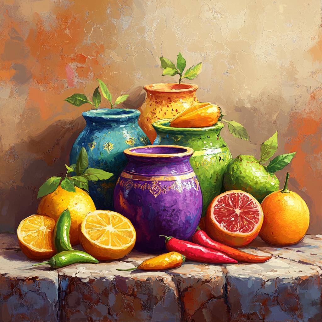 Still Life with Colorful Pots and Fruit