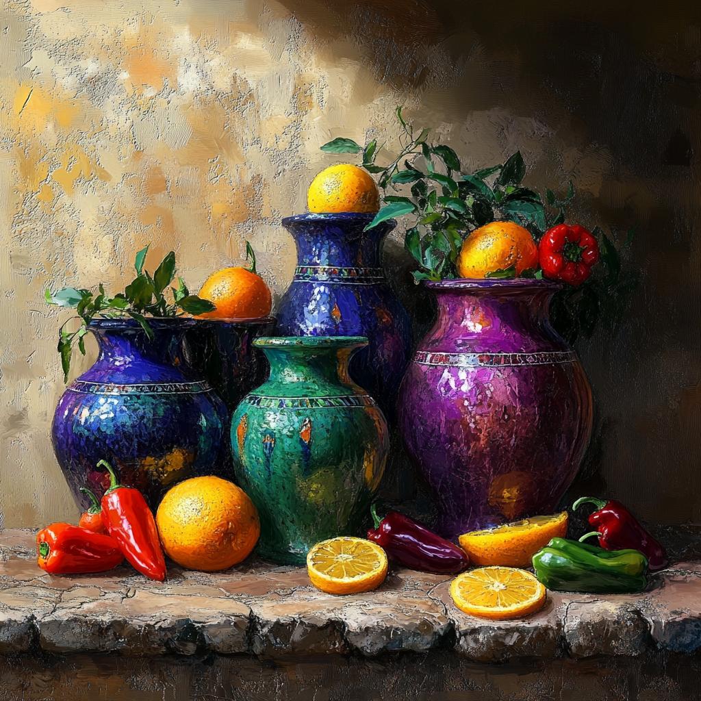 Decorative Still Life with Pots and Fruit