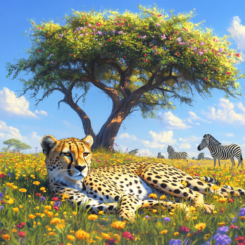 Cheetah Resting in Flower Field