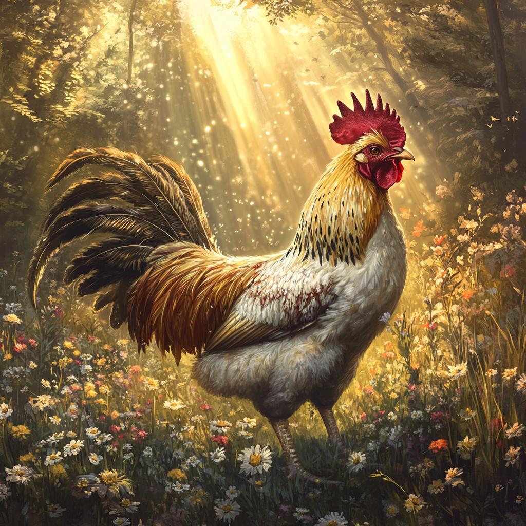 Rooster Walking in Flower Field