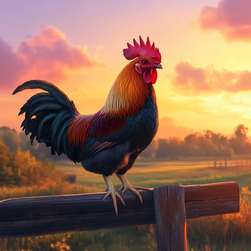 Rooster on Fence at Sunset