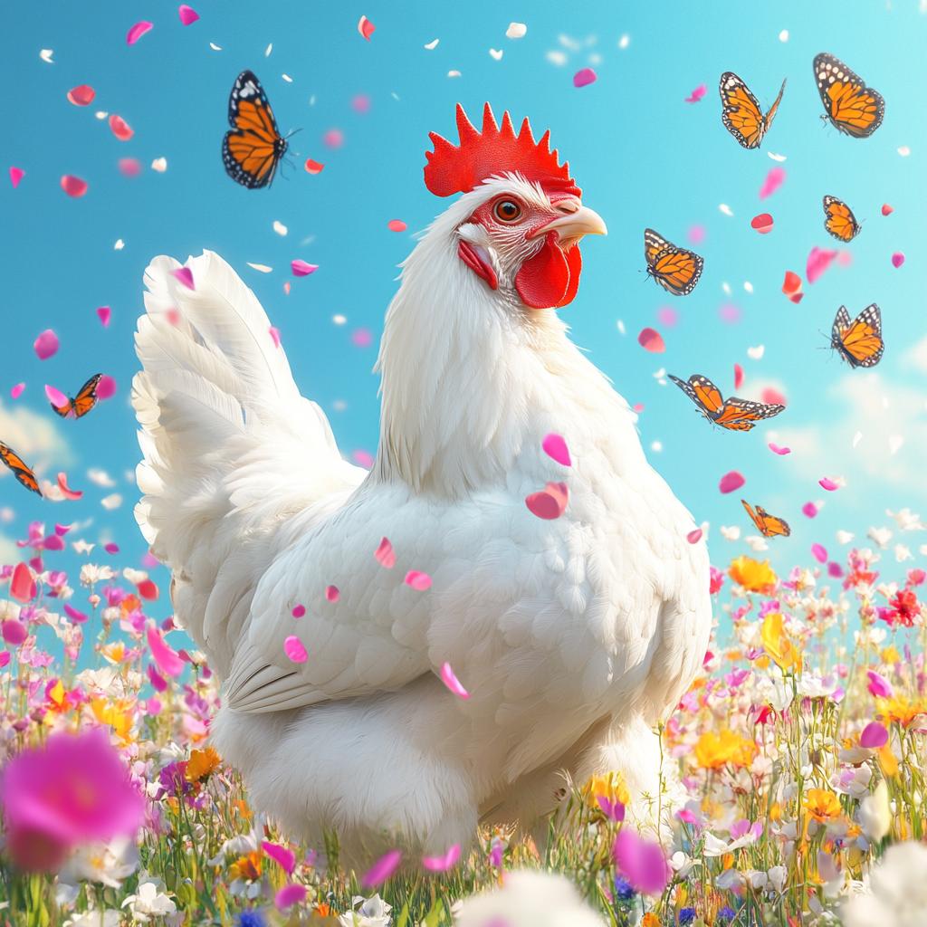 Chicken with Butterflies in Flowers