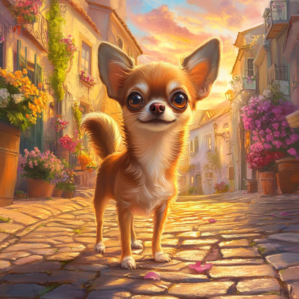 Chihuahua Walking Medieval Street