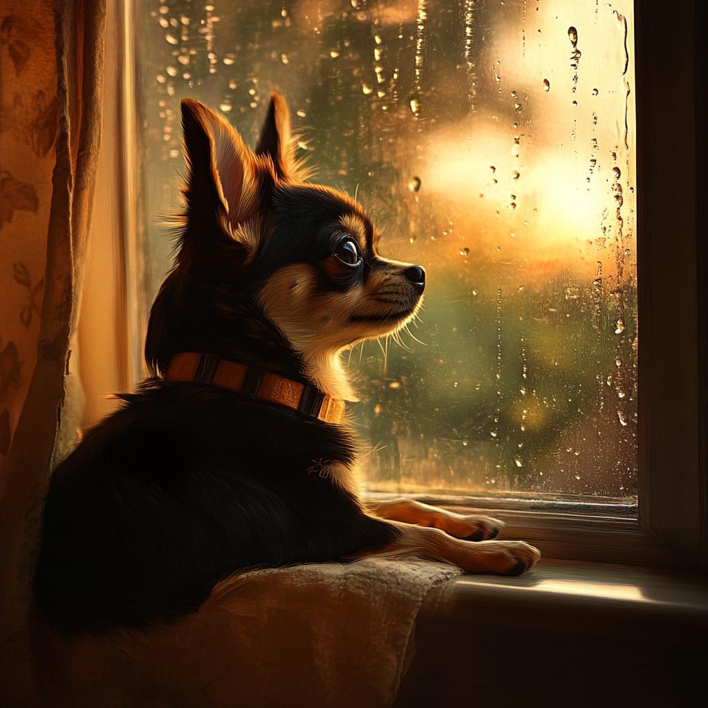 Chihuahua Looking at Raindrops on Window