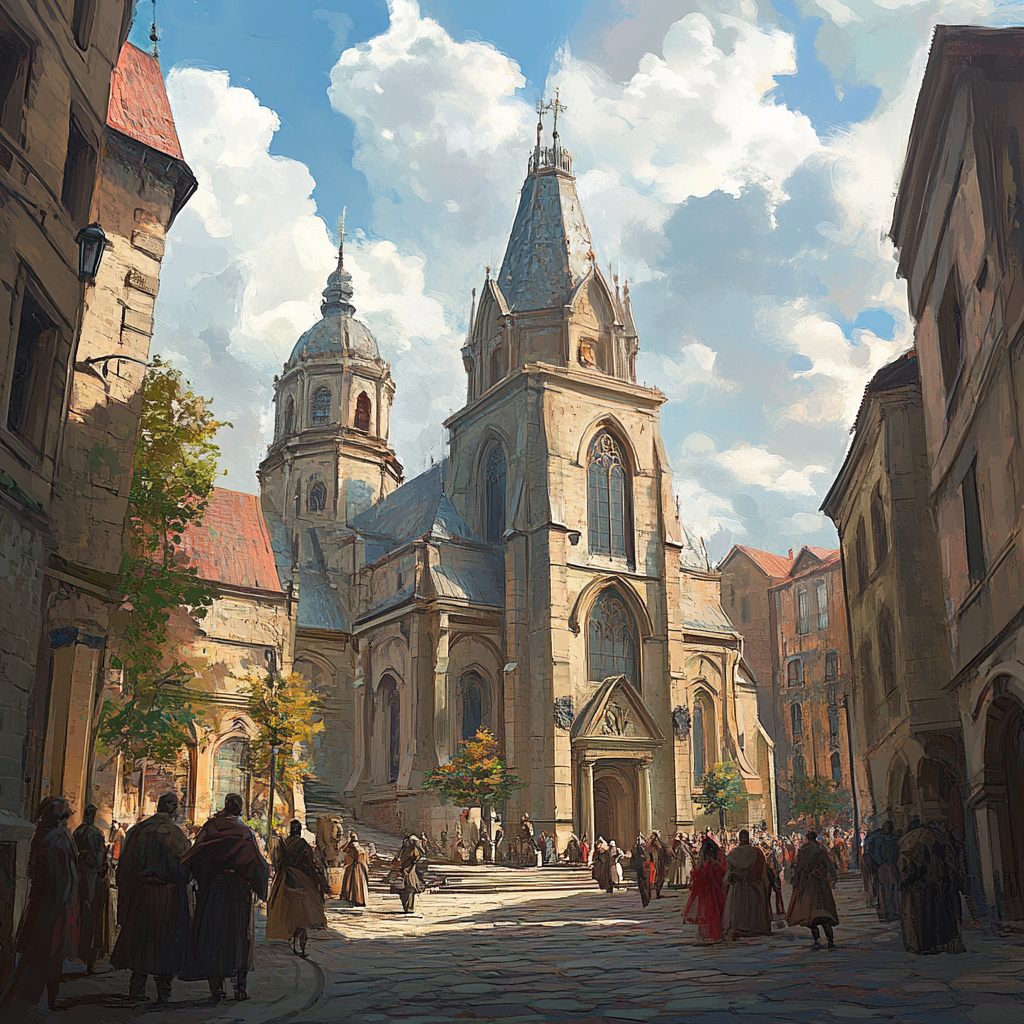 Medieval Church on Busy Street