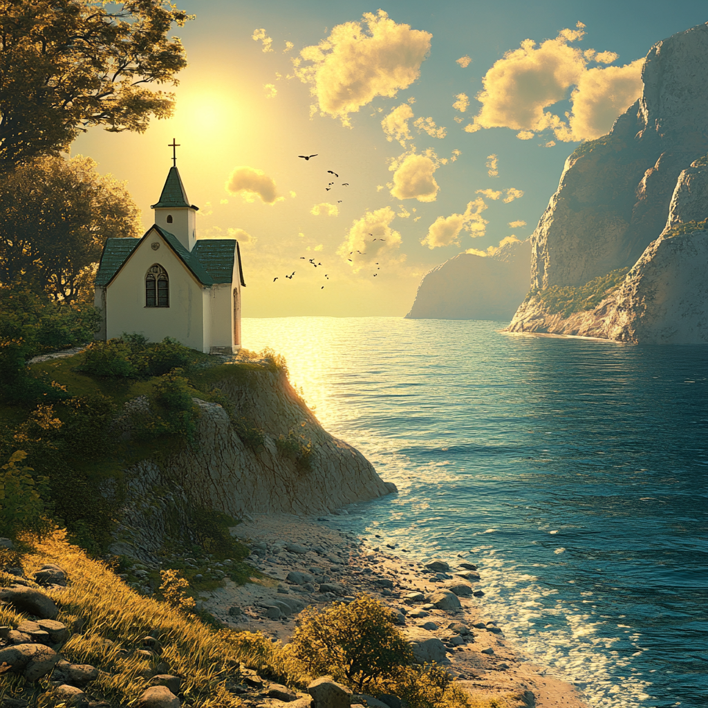 White Church by the Sea at Sunset