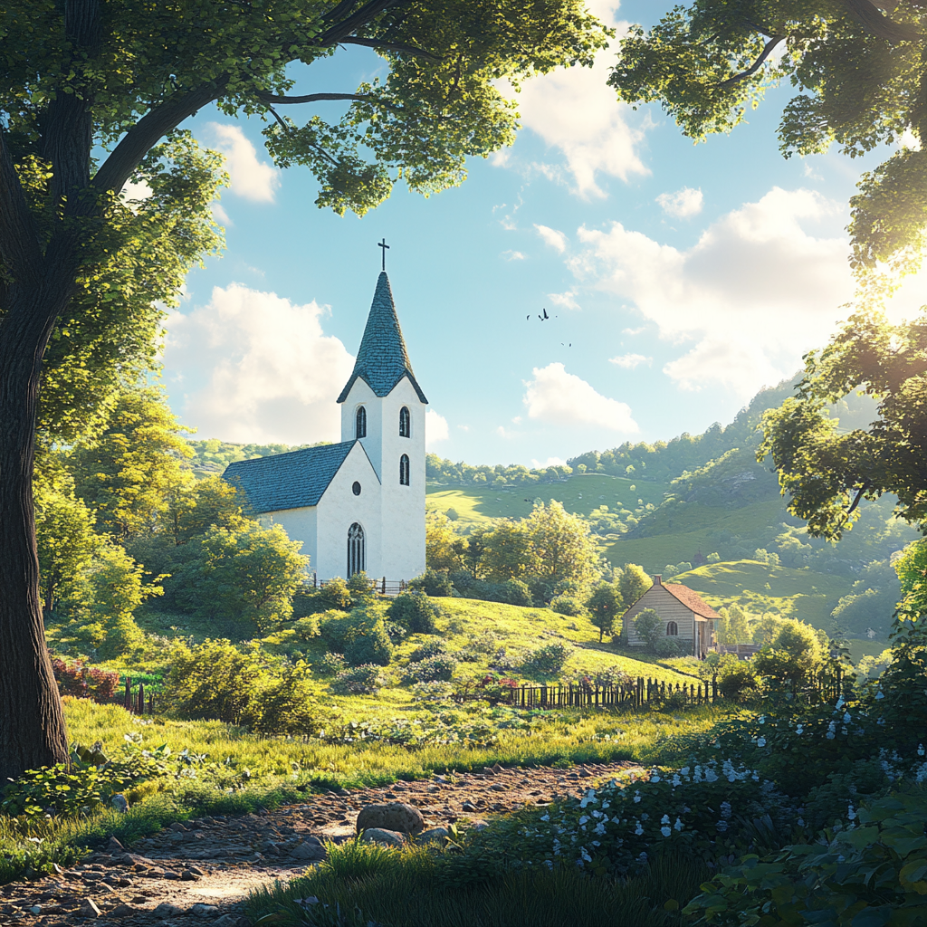 White Church in Grass Field