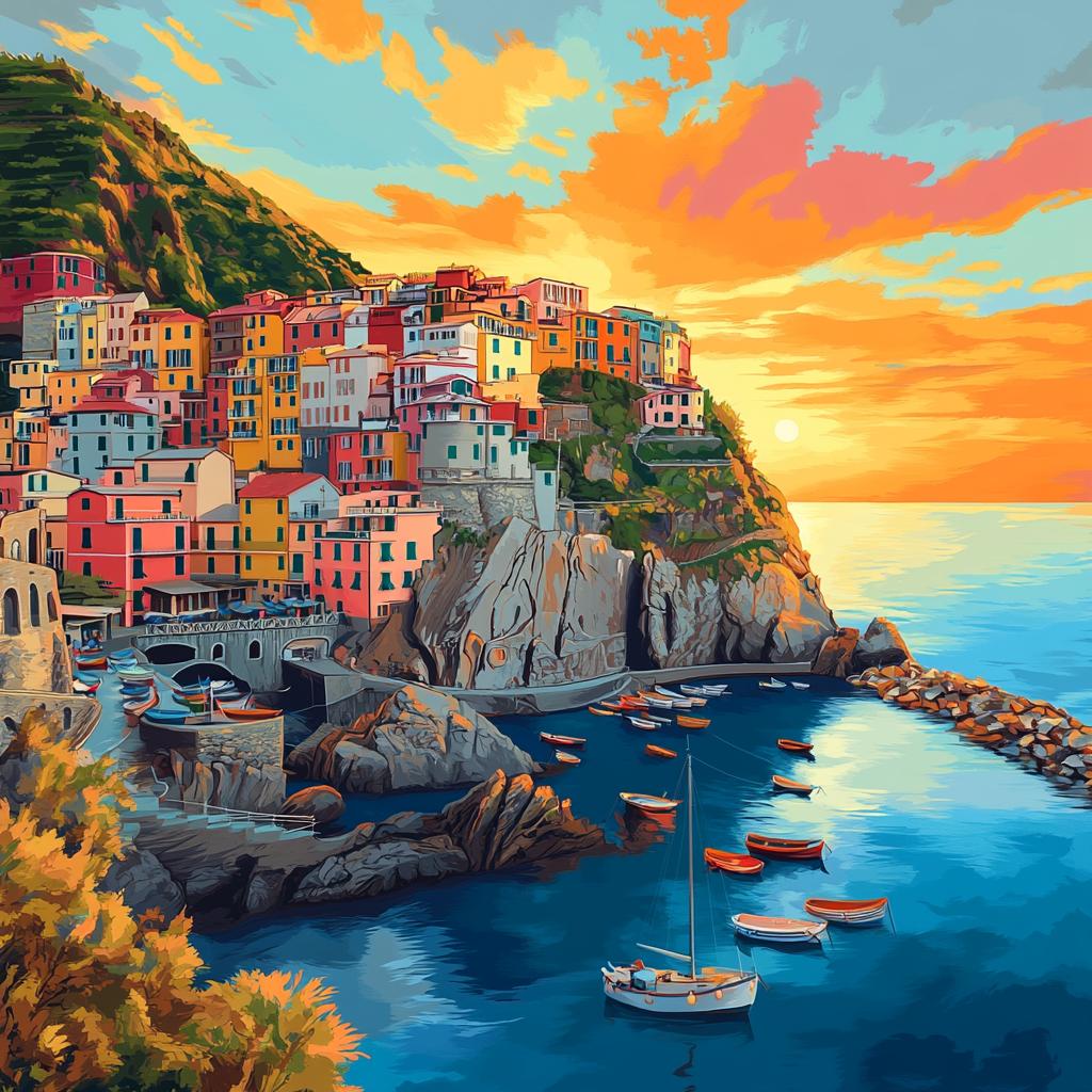 Cinque Terre City and Sea Sunset with Boats