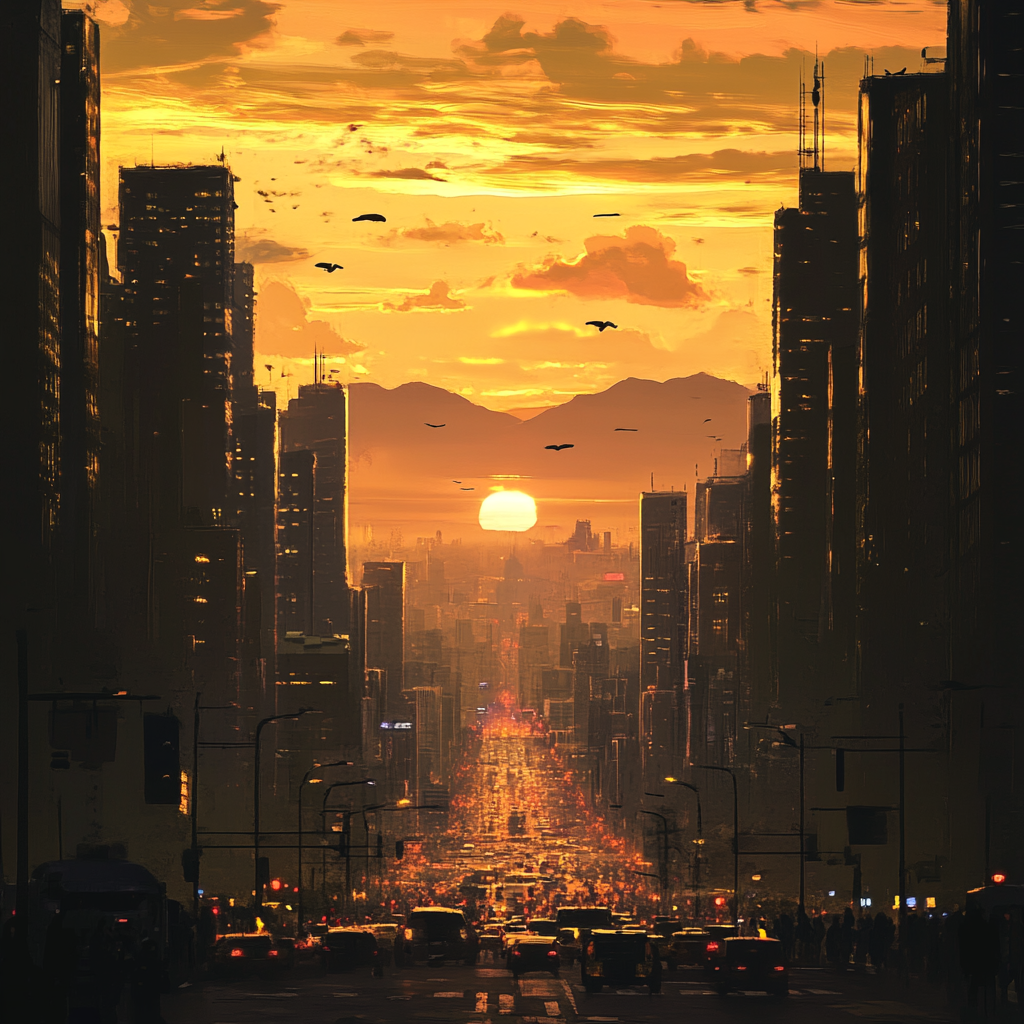 City Street at Sunset with Skyscrapers