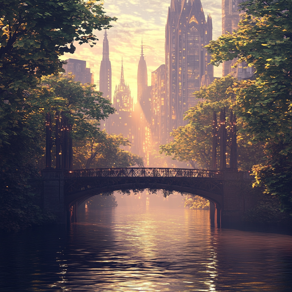 Skyscrapers Above Bridge and River