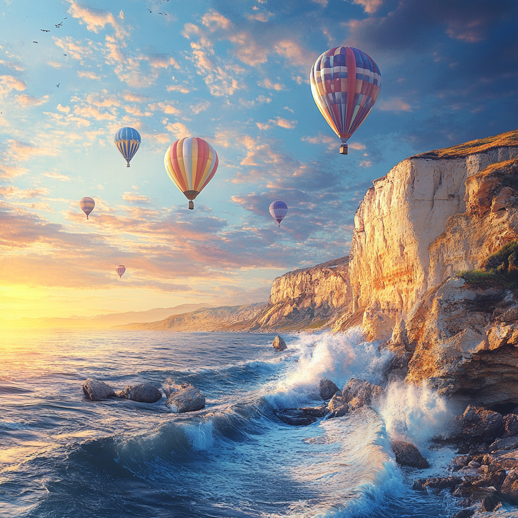 Cliff and Wild Sea with Air Balloons