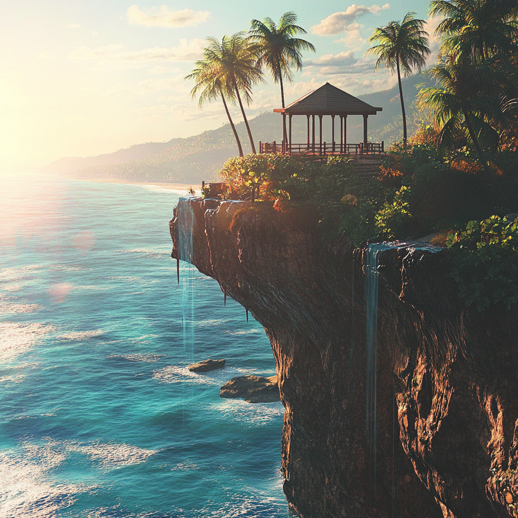 Palm Trees and Kiosk on Cliff by the Sea