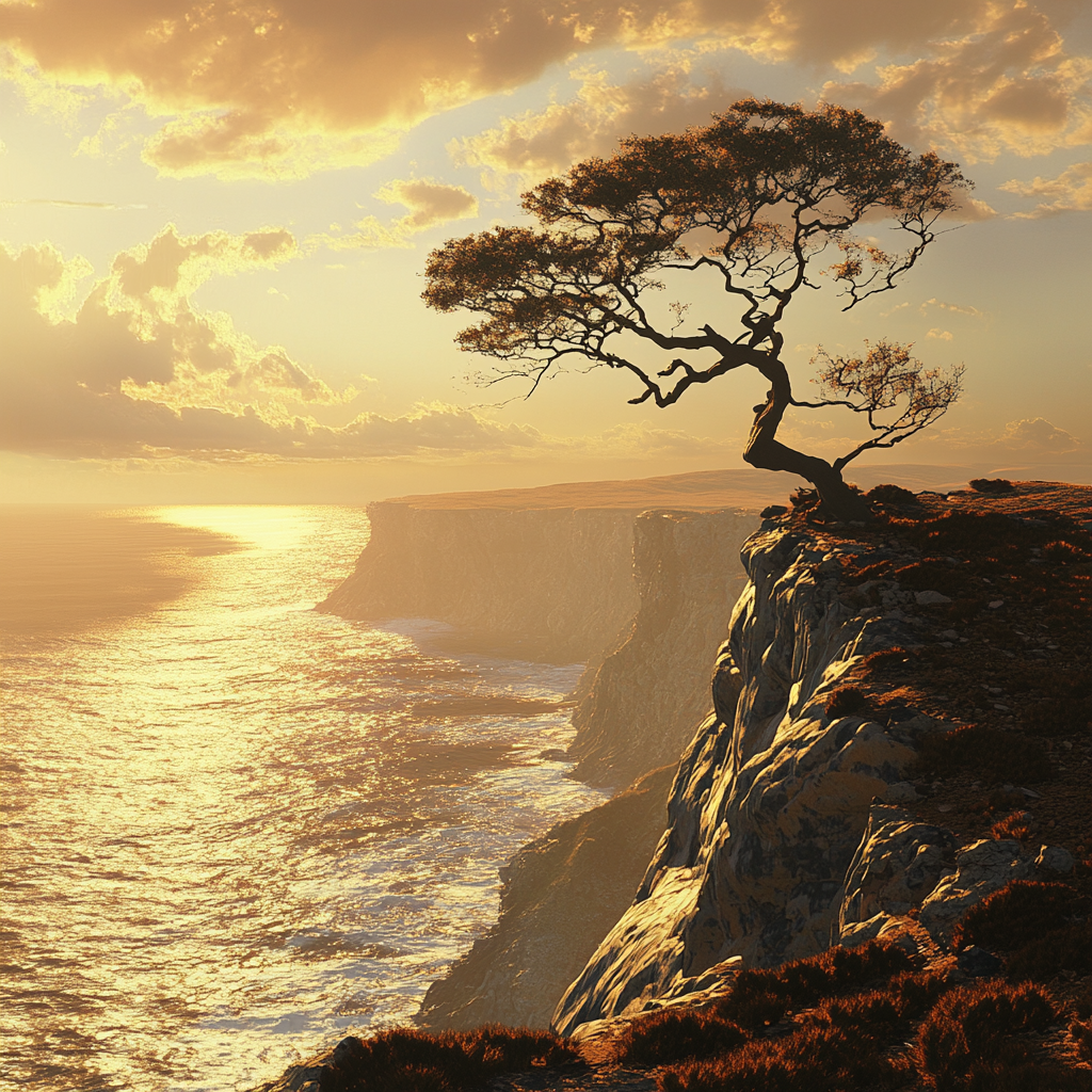 Cliff with Lone Tree at Sunset