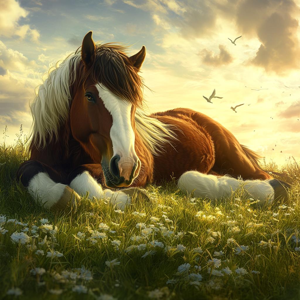 Clydesdale Resting in Grass Field