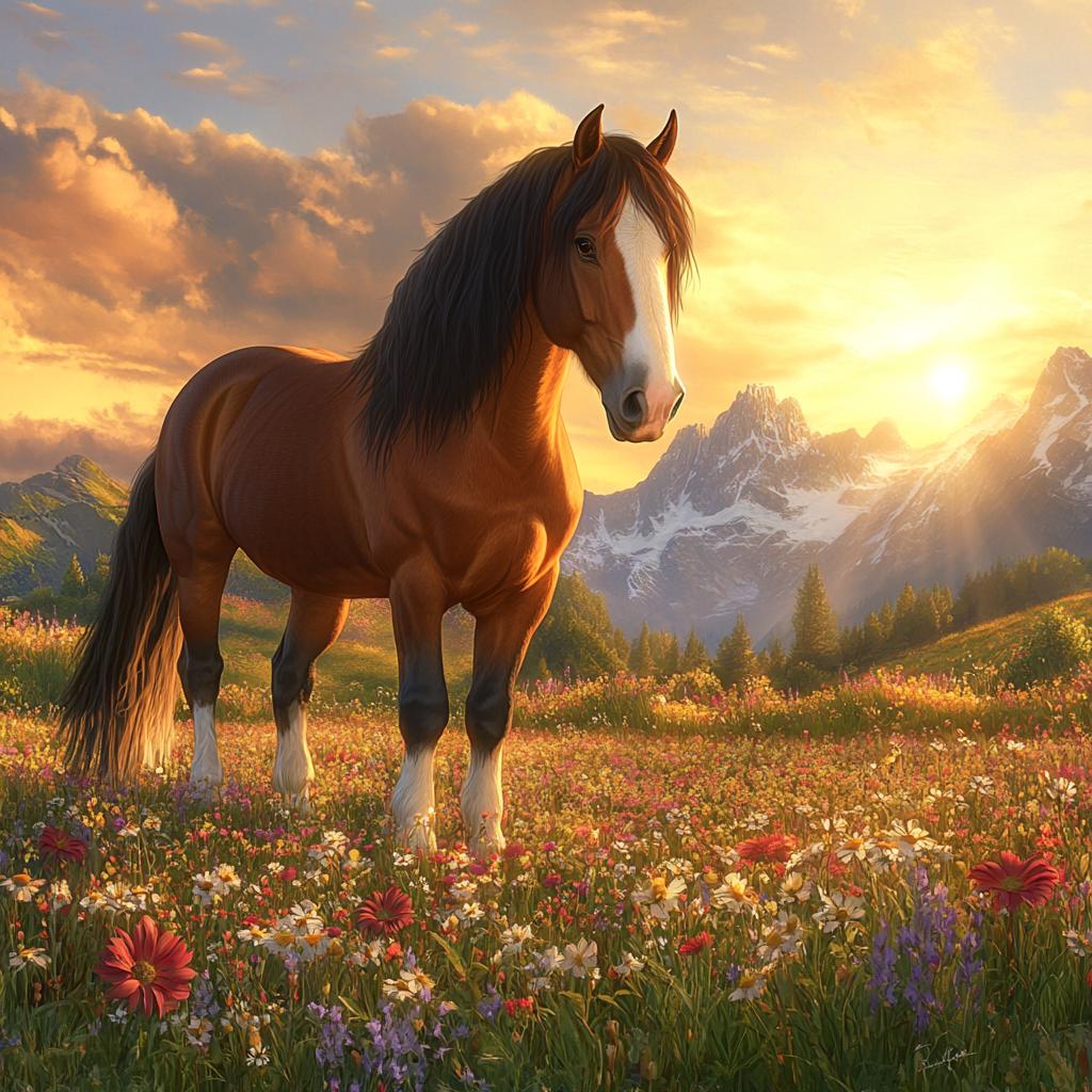 Clydesdale Horse in Flower Field at Sunset