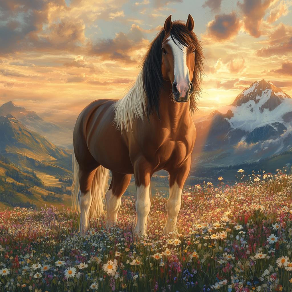 Clydesdale in Blooming Field with Mountains