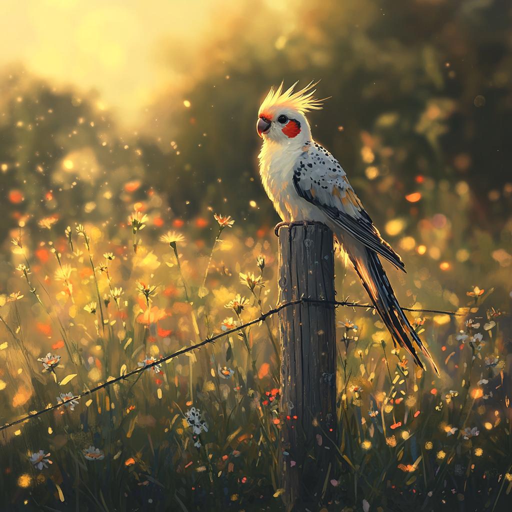Cockatiel Sitting on Fence at Sunrise