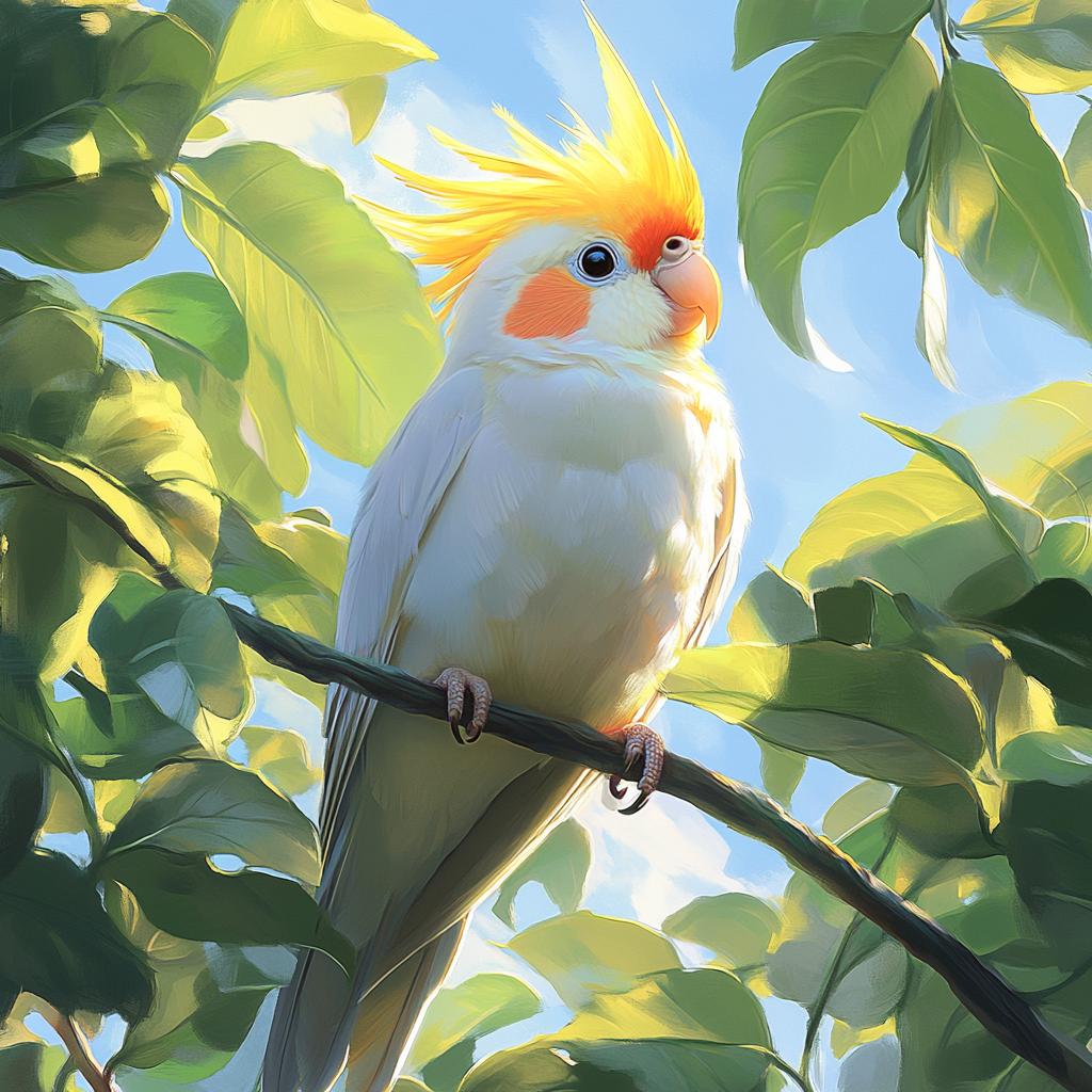 Cockatiel Perched on Branch with Leaves