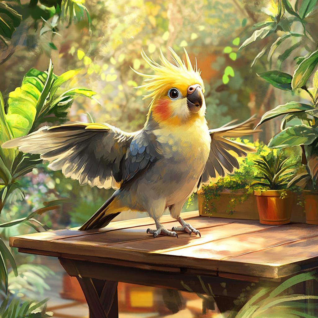 Cockatiel Playing on Garden Table