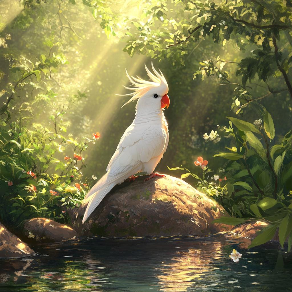 Cockatoo Resting on River Rock in Jungle