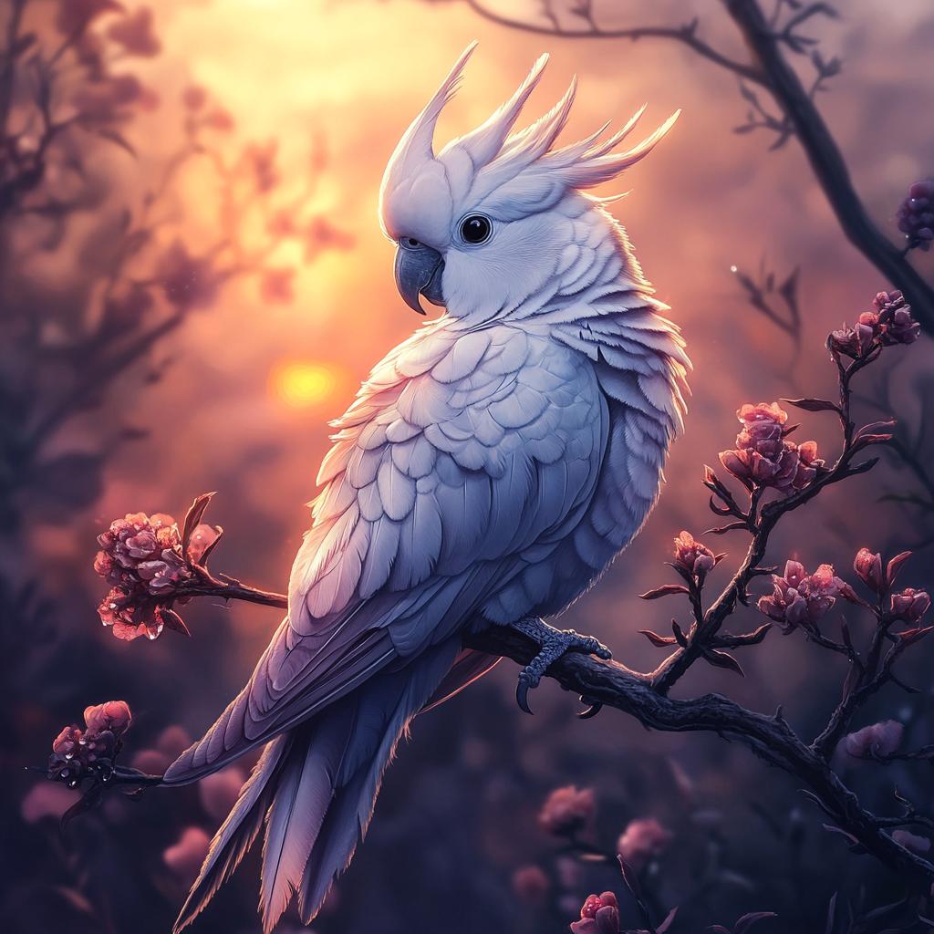 Cockatoo on Branch with Flowers at Sunset