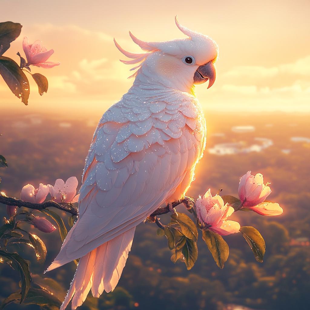 Cockatoo on Branch with White Blossoms