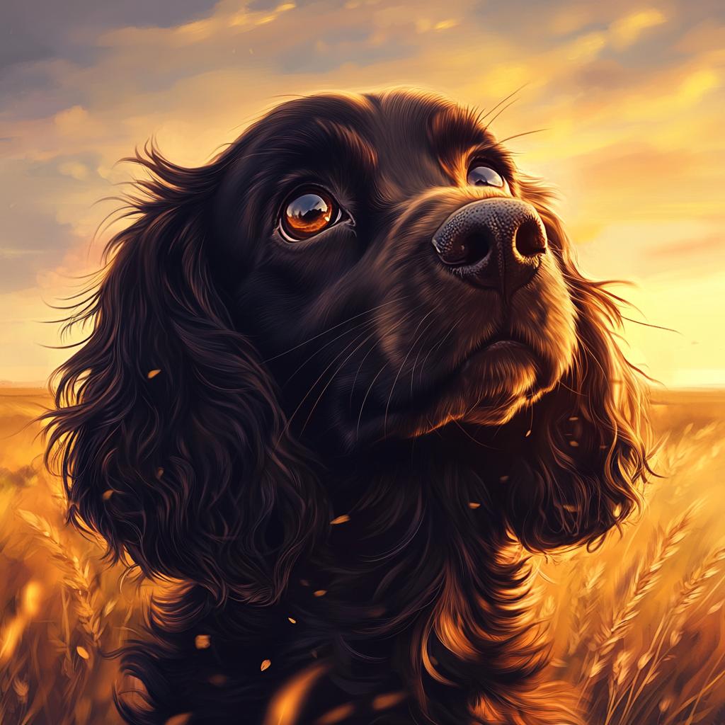 Black Cocker Spaniel Portrait in Grass at Sunset