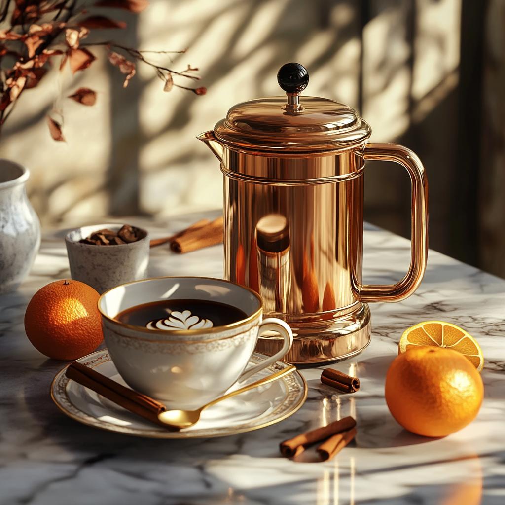 Still Life Coffee Set with Oranges on Marble Table
