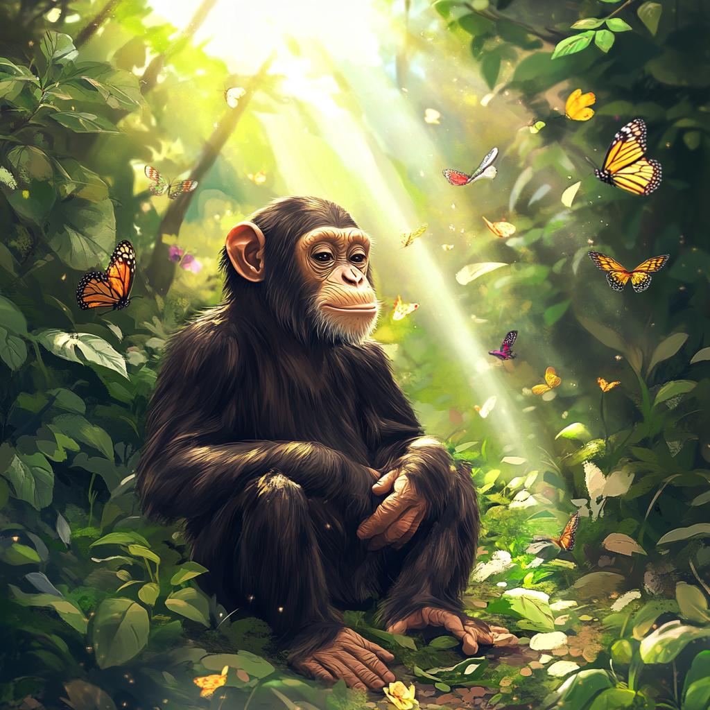 Chimpanzee Sitting in Rainforest with Sunbeams