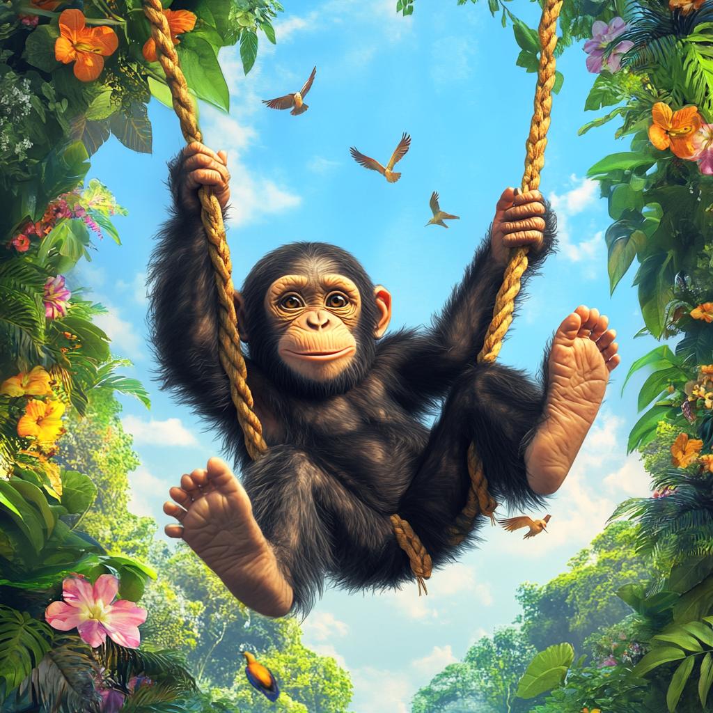 Chimpanzee Swinging Among Flower Trees