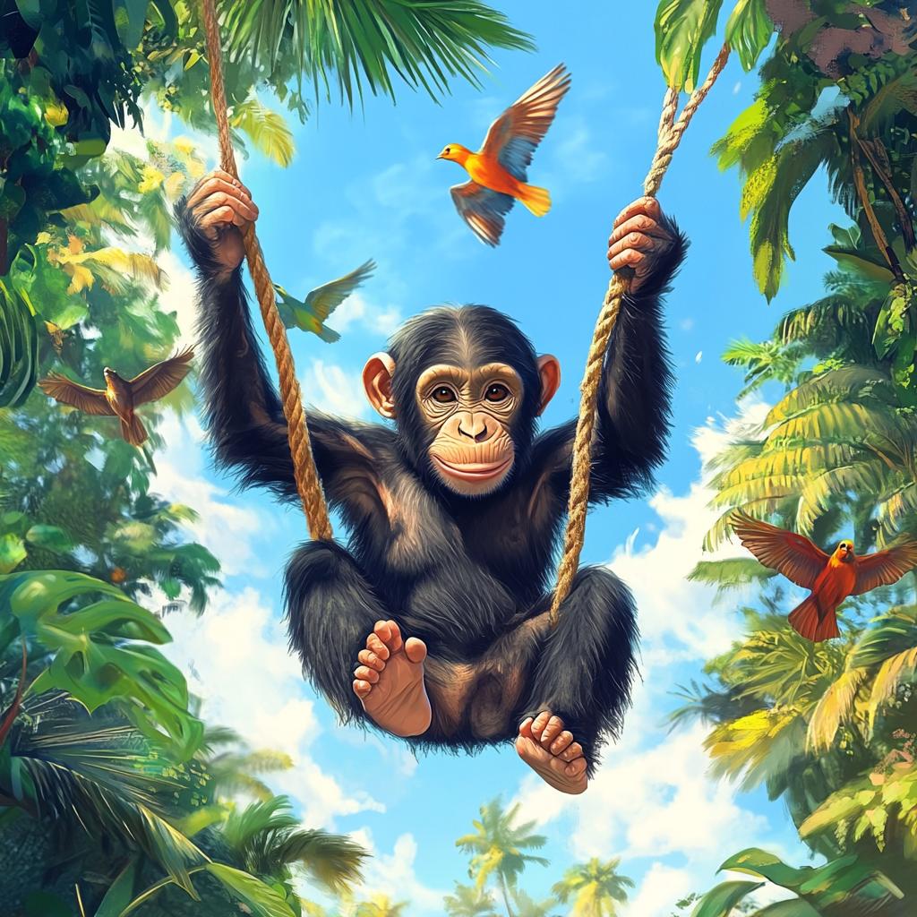Chimpanzee Swinging with Parrots in Forest